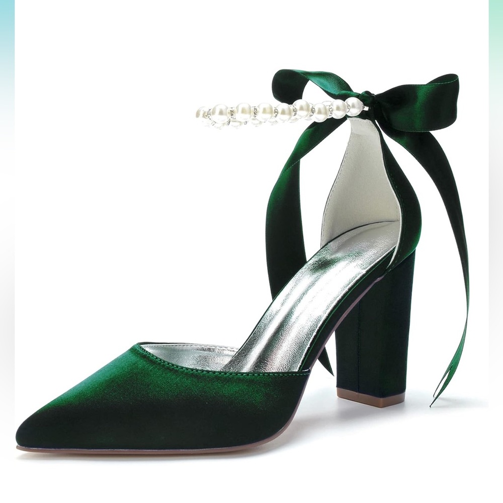 Emerald Green Satin Heels with Bow Ankle Strap